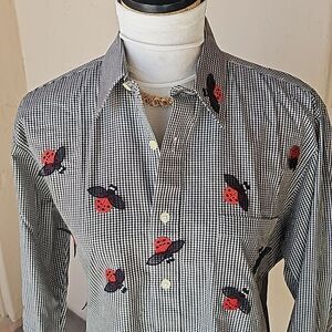 Ladybugs everywhere!long sleeve button front blouse